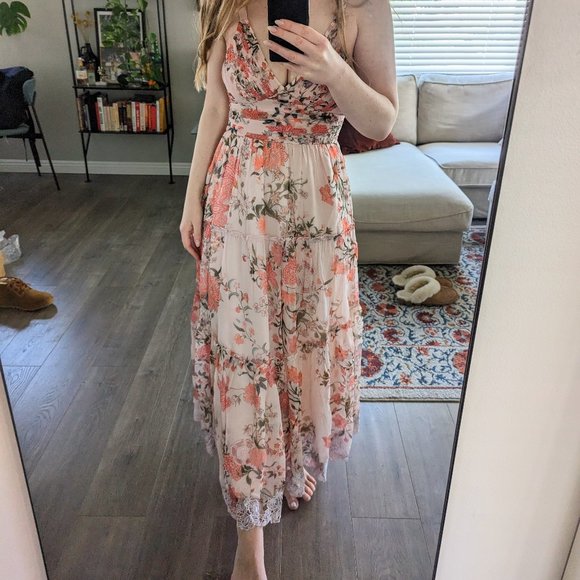 Hemant & Nandita Tiered Ruffle Floral Midi Dress - Peach Floral - Picture 7 of 11